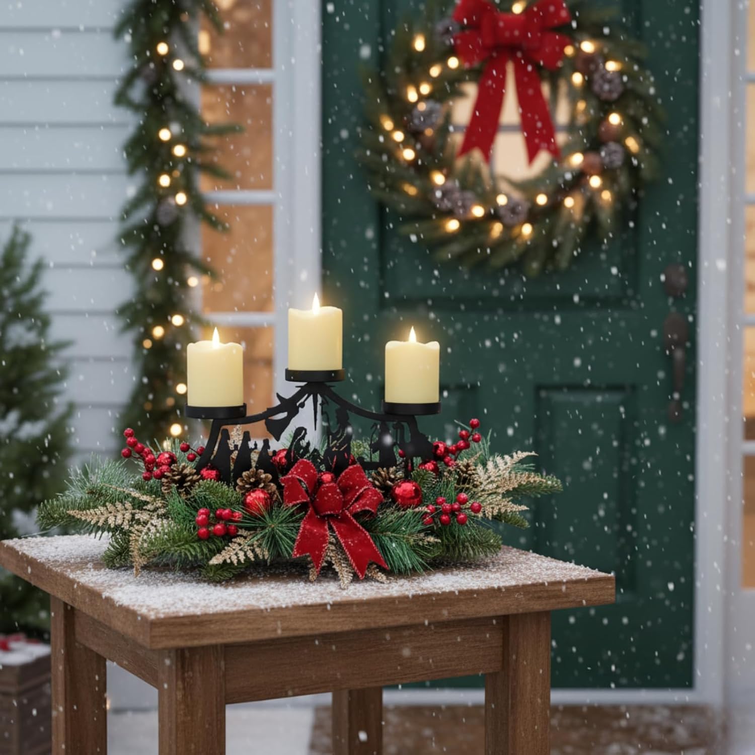 Christmas Candle Holder Christmas Decorations 3 Candle Holders with Metal Nativity Scene Black Silhouette Cedar Branches Pine Needles Berries Red Bow and Ball Ornaments for Xmas Decorations